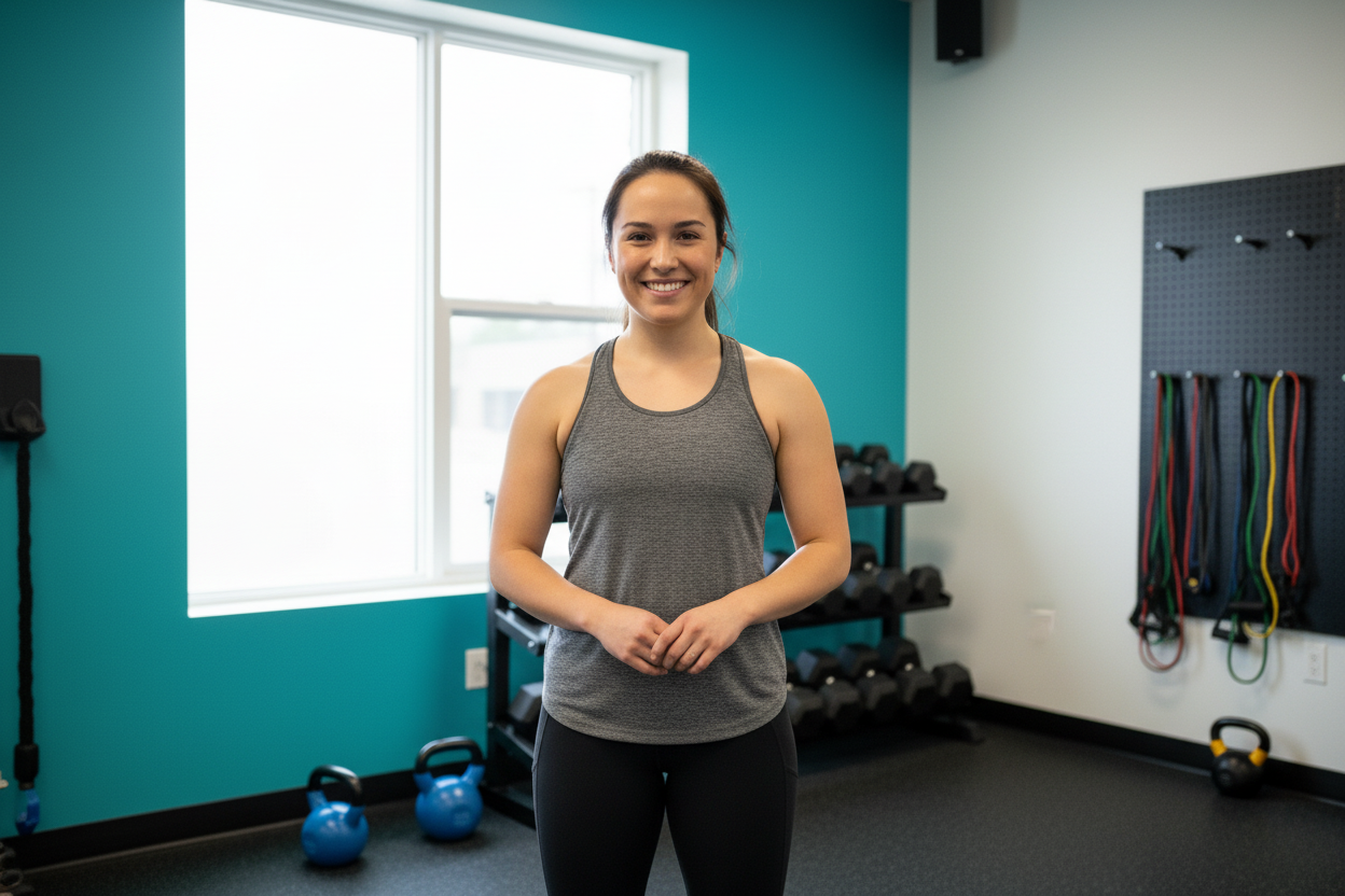  Physical therapist coaching runner through strength training exercises at Sacramento running physical therapy clinic