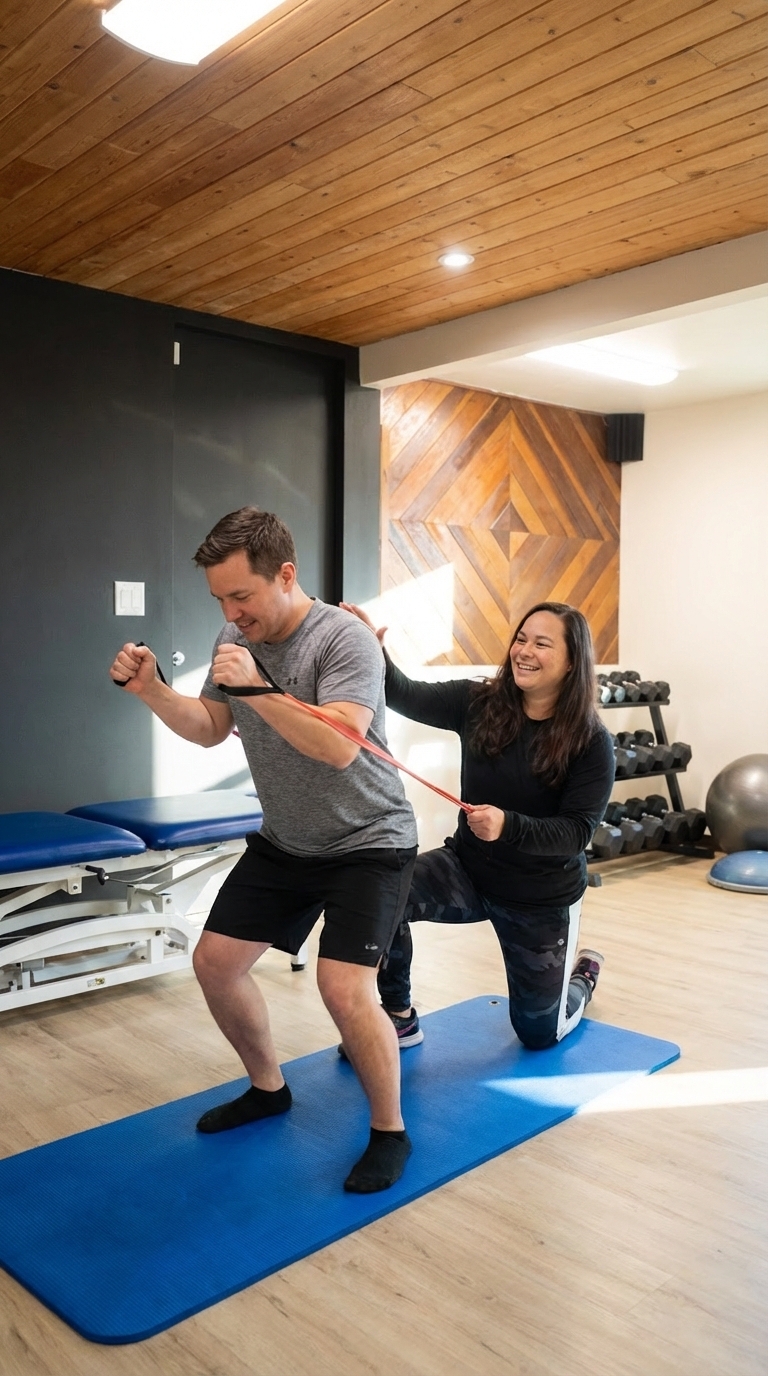 Runner training with a physical therapist at a running-focused performance clinic in Sacramento
