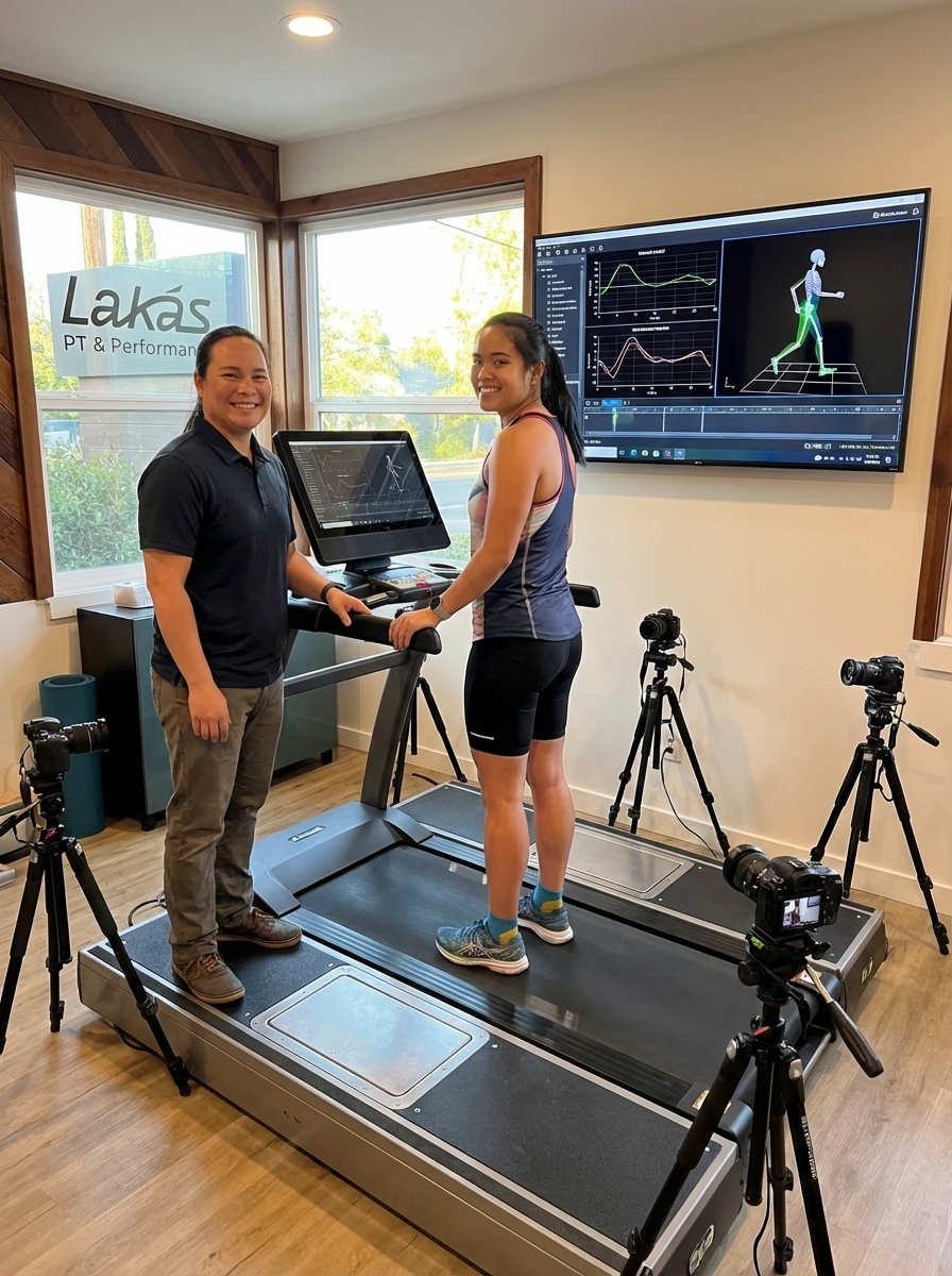 Patient performing running analysis at a performance physical therapy clinic in Sacramento