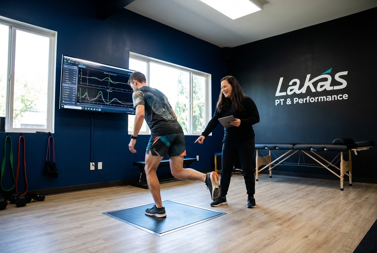 Runner training with a physical therapist at a running-focused performance clinic in Sacramento